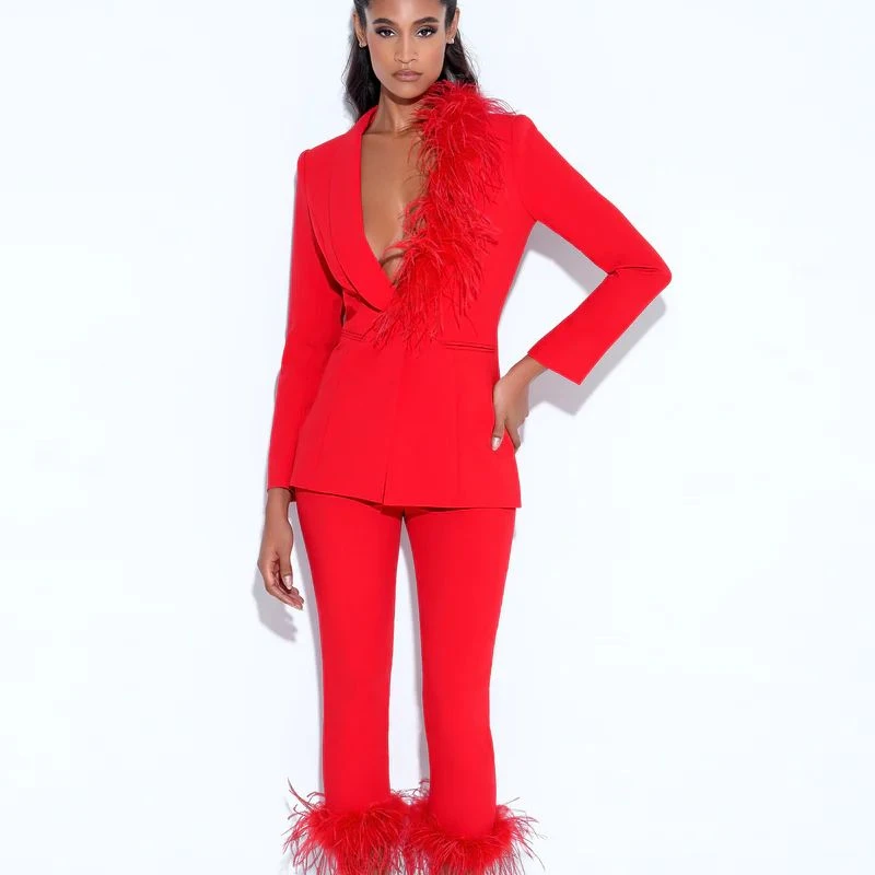 SR2231 New Fashion Clothes For Women Luxury Two Pieces Set With Feather Sexy Two Piece Set Club Wear