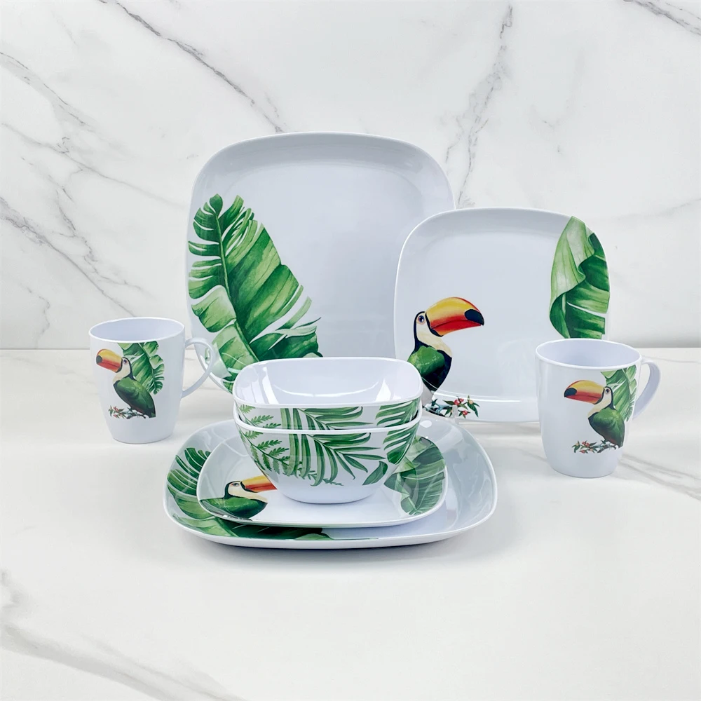 New design spring leaf toucan custom logo fine melamine dinnerware set luxury 16pcs plastic dinner sets