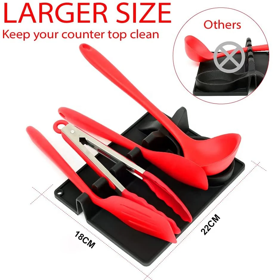 Utensil Rest with Drip Pad Spoon Rest 2 in 1 Larger Size Silicone Spoon Holder for Stove Top Hang Hole Design, Black