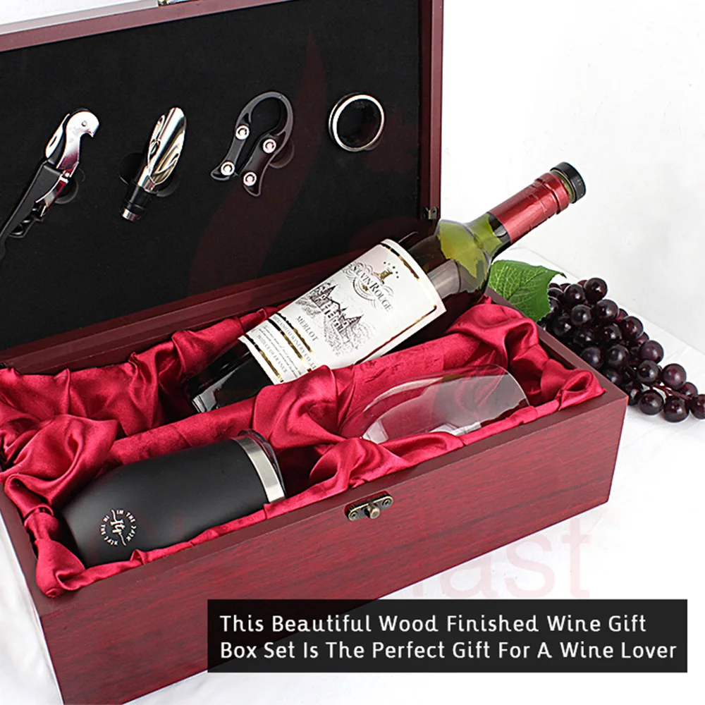 Good Idea Red Wine Double Wood Box Storage Carrying Case And 4pcs Tools Combo Set With Accessories Wine Bottle Wooden Gift Box