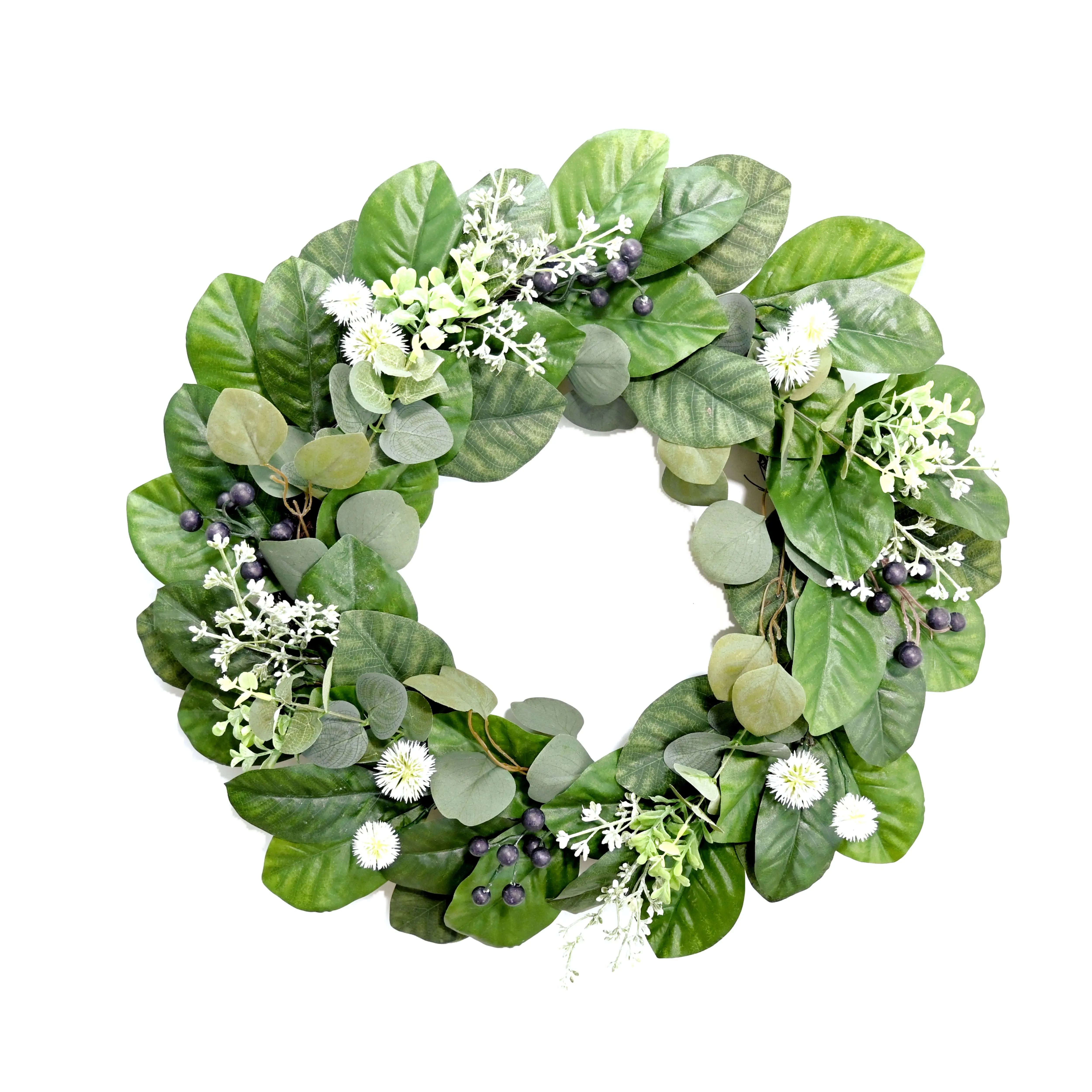 24 inches Artificial Magnolia Leaf Wreath Plastic Dandelion Eucalyptus Berries Faux Greenery