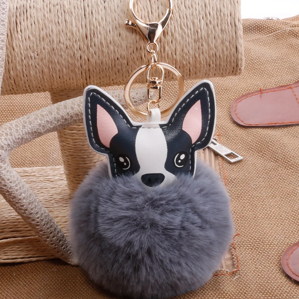 
Faux rabbit fur ball 2020 new arrivals leather dog pompoms cute key ring Plush Girl gift keychain 