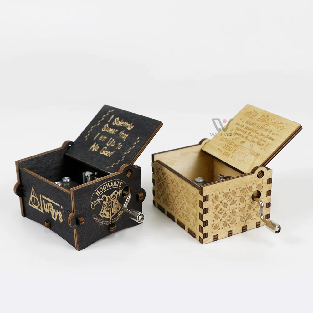 New Arrival Custom Mini Music Box Hand Crank Laser Engraved Hand Crank Wooden Music Box