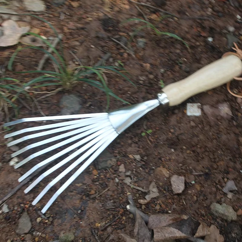Stainless steel three toothed rake and flower