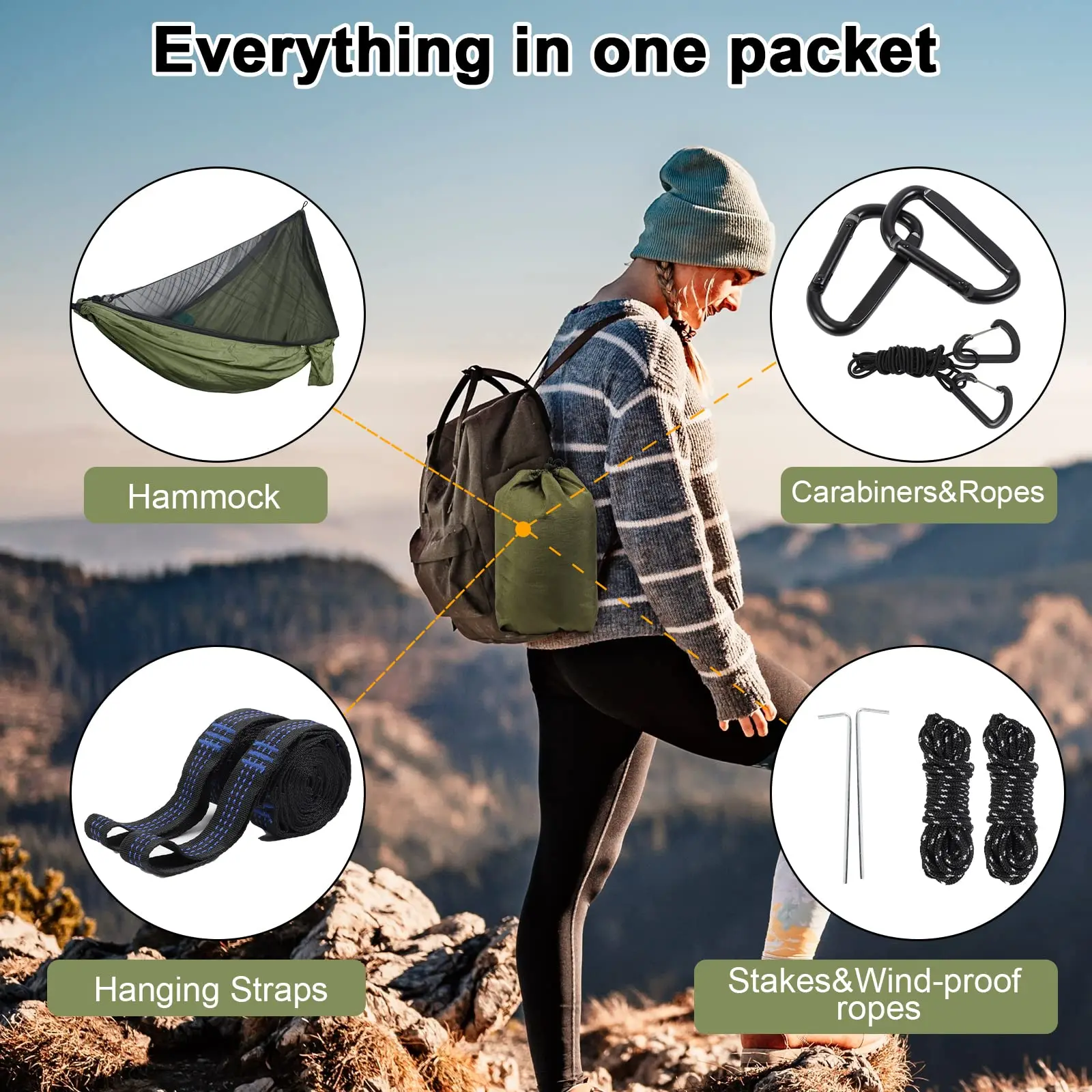 Outdoor Hammock with Mosquito Net 600 lb Load Capacity Breathable Ultralight Parachute Nylon Camping Travel Hammock