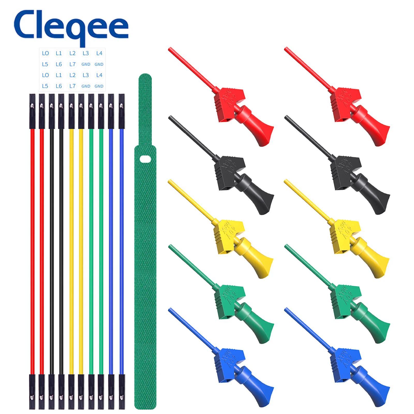 Cleqee P1512D Mini SMD IC Test Hook Test Leads Kit Mini Grabber Silicone Jumper Wire 26AWG Dupont Cables for Logic Analyzer