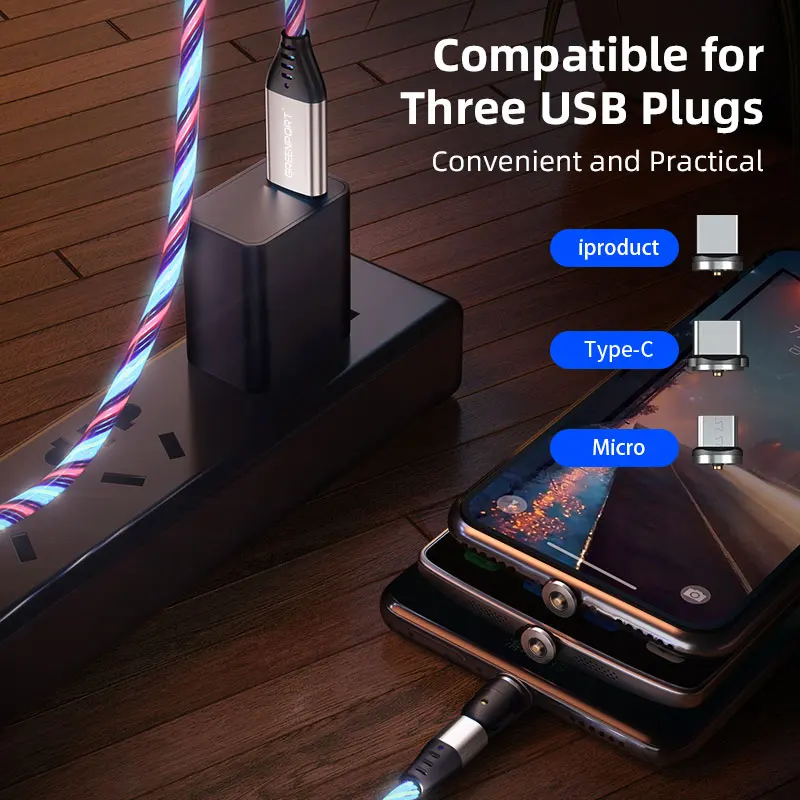 Luminous magnetic fast charging usb cable 540 degree led flowing 2.4A mobile phone fast charging 3 in 1 micro USB C cable 1M 2M
