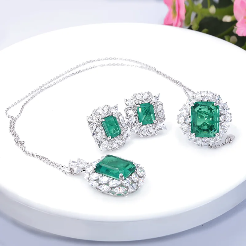 Hot Sale Synthetic Emerald Green  ring earring necklace Jewelry Woman 925 Sterling Silver  Wedding Engagement  Jewelry set