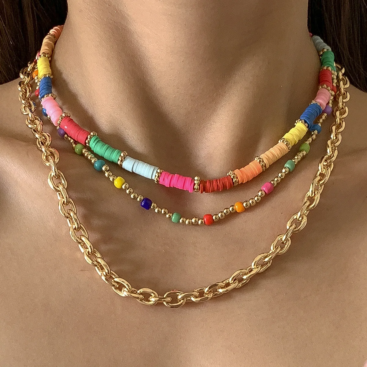 Personality Joker Multilayer Jewelry Suit Polymer Clay Bohemians Colorful Necklace