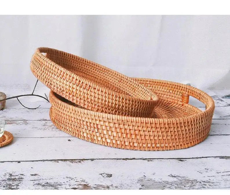 High Quality Rattan Serving Trays/ Natural Eco Friendly Rattan Wicker Handwoven Food Serving Trays