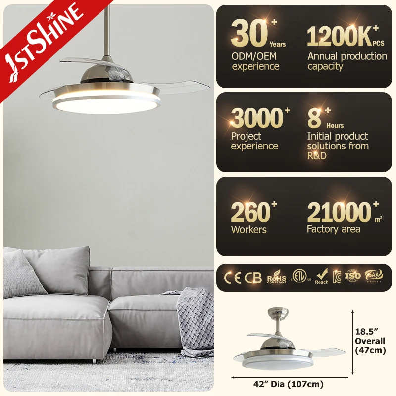 1stshine LED ceiling fan folding blade 42 inches satin nickel LED light retractable ceiling fan
