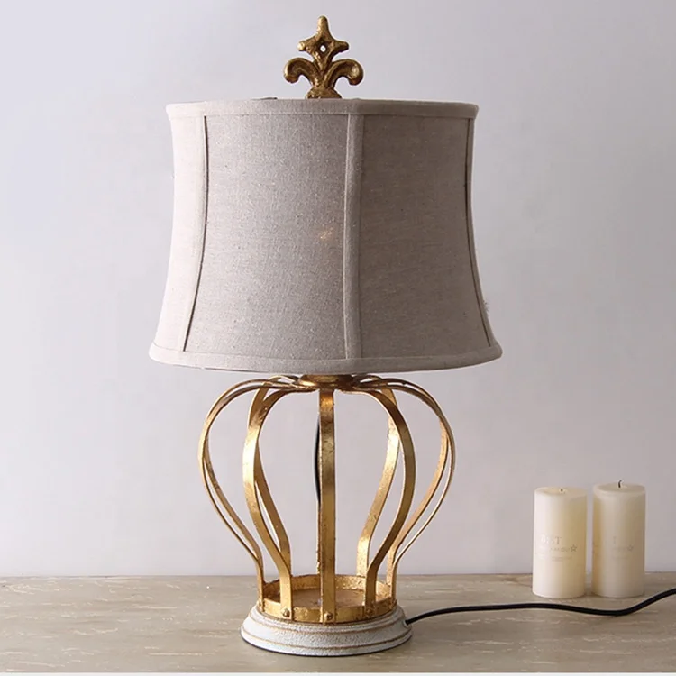 Modern decorative antique royal crown wrought iron table lamp linen shades made in china