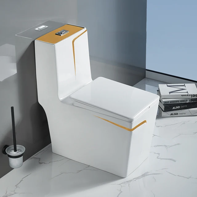 Ceramic Sanitary Ware WC Once Piece White And Gold Toilet With Integrated Sanitary Ware Toilet