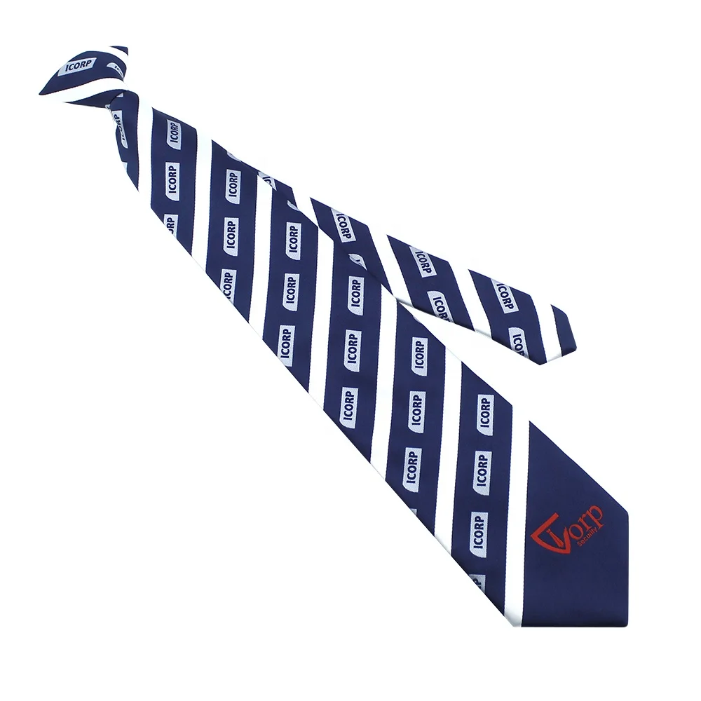 Mens Wholesale Custom Clip-on Neckties Polyester Jacquard Dark Dusty Blue White Striped Red Logo Security Clip On Ties For Men