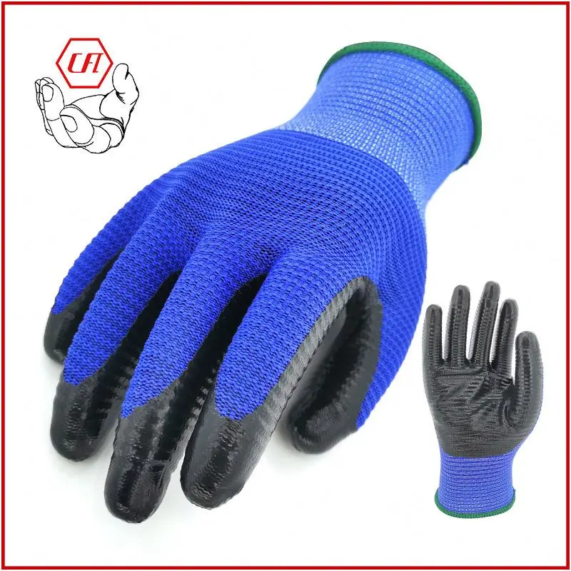 13G U3 Blue polyester knit glove with black smooth nitrile palm coating Safety Work Gloves