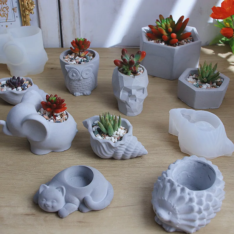 Cute Elephant Owl Conch Geometric Modeling Concrete Cement Flower Pot Silicone Mold