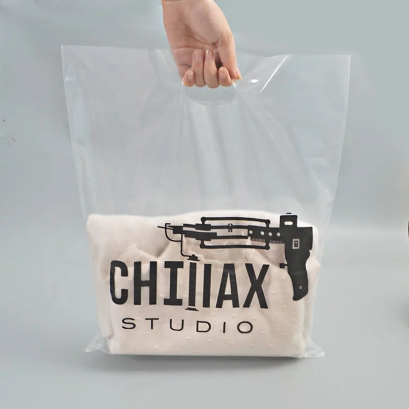 custom merchandise boutique transparent carrier bag printing clear bags for retail die cut patch handle plastic shopping bags