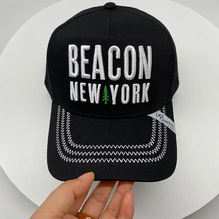 Custom your own puffed embroidery trucker hat with zigzag stitches solid color 5 panel trucker cap