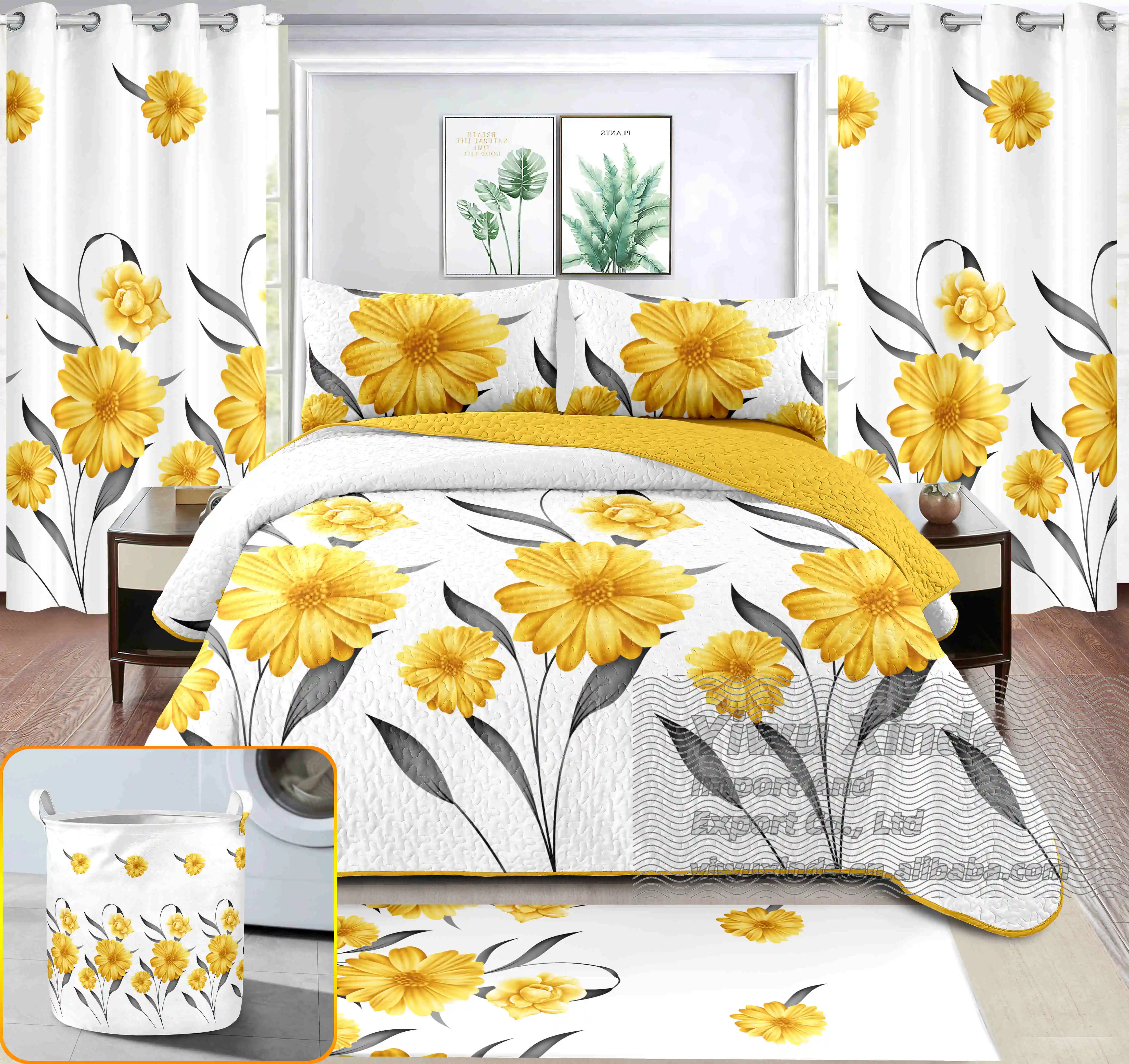 Wholesale RTS bedspread and matching curtains bedding set modern style king size  luxury 8 pcs bedspread pillowcase curtains set