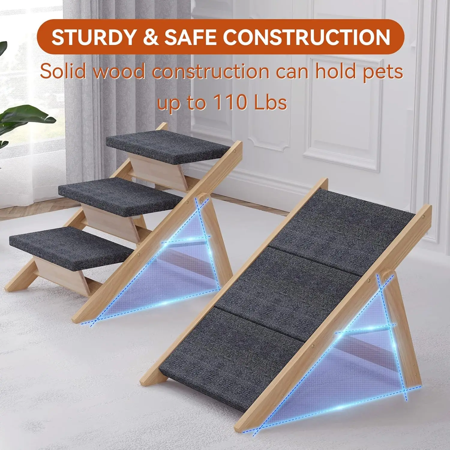 Pet Stairs/Steps Medium Dogs Steps Foldable Wood Dog Ramp with Non-Slip Pads, Safety, Durable Portable Ladder 3 Steps
