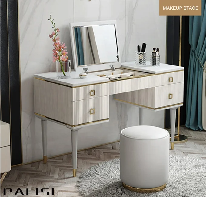 Modern Luxury Dressing Makeup Table Set Design Mirror with Flip-Open and Chair Dresser Furniture Chest Drawers