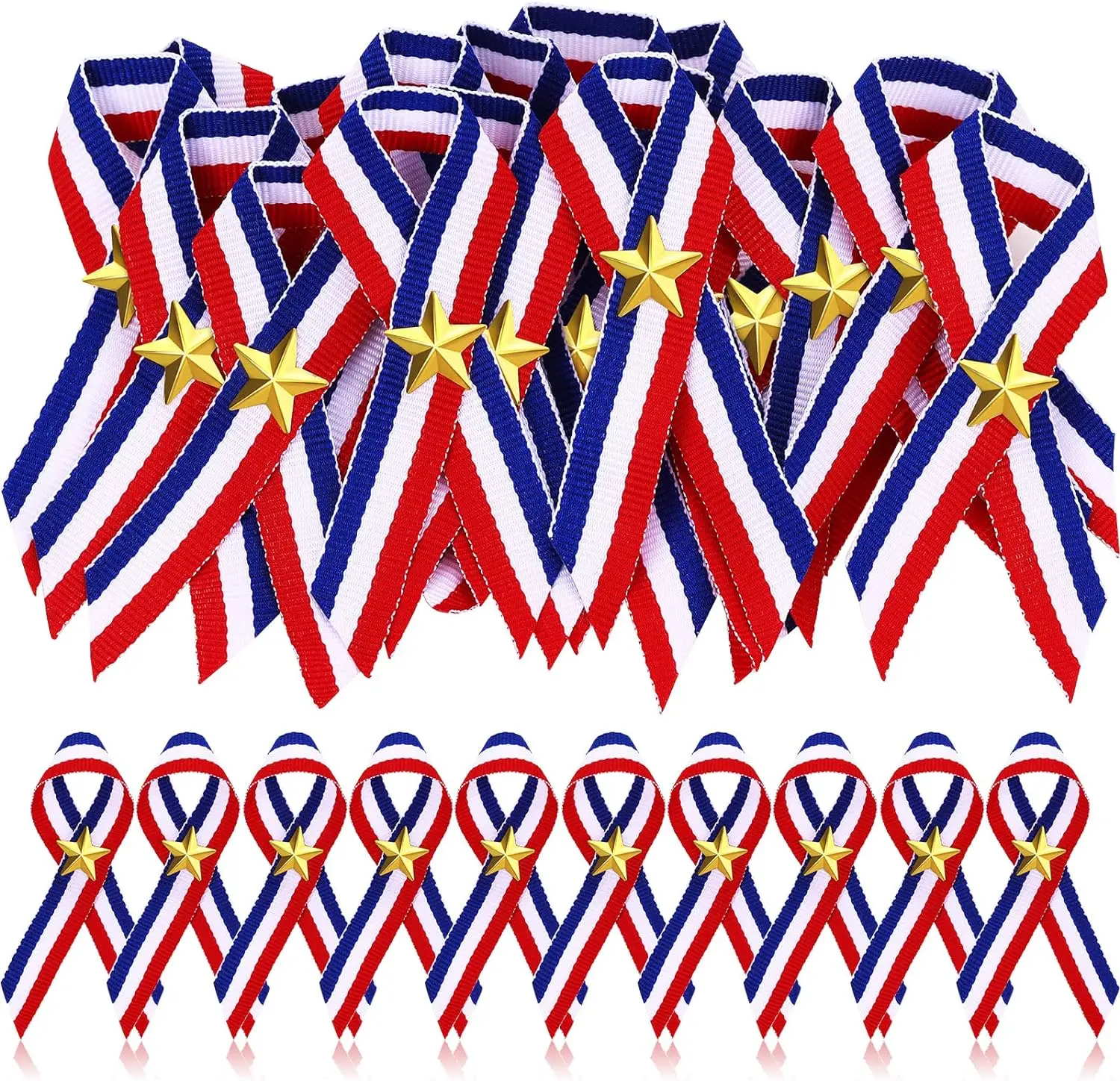 50 Bulk Patriotic Decorations Red White Blue Ribbons with Star 4th of July Pins for Women Men Handouts Independence Day Decor