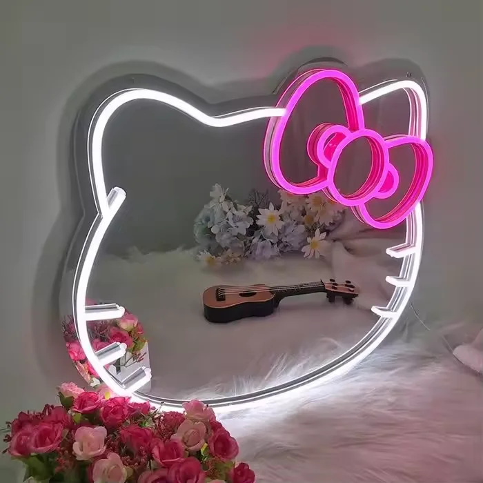 Hello Kitty неоновая вывеска Kawaii Cat аниме светодиодное зеркало из ПВХ тело IP67 милое украшение для спальни девушки
