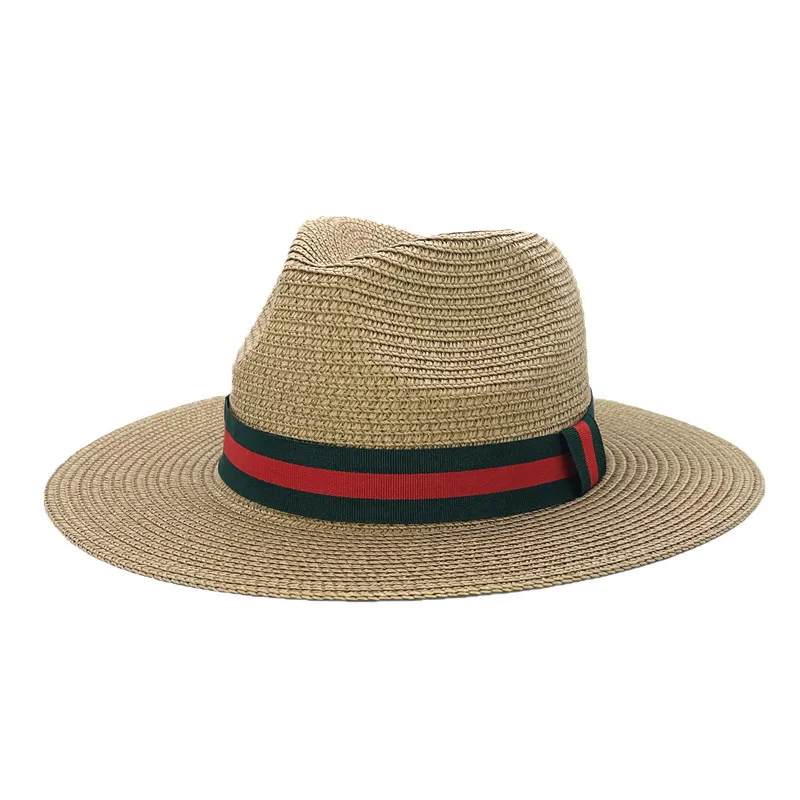 Panama Men Straw Hat With Bee Green Red Striped Ribbon Summer New Colourful Travel Beach Sun Shade Wide Brim Fedora