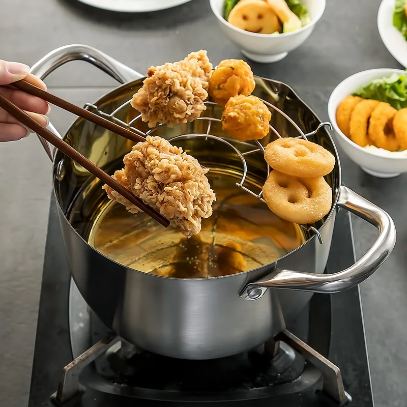 Multi function Japanese Style Mini Deep Oil Frying Pan Stainless Steel Tempura Fryer Pot with Drainer