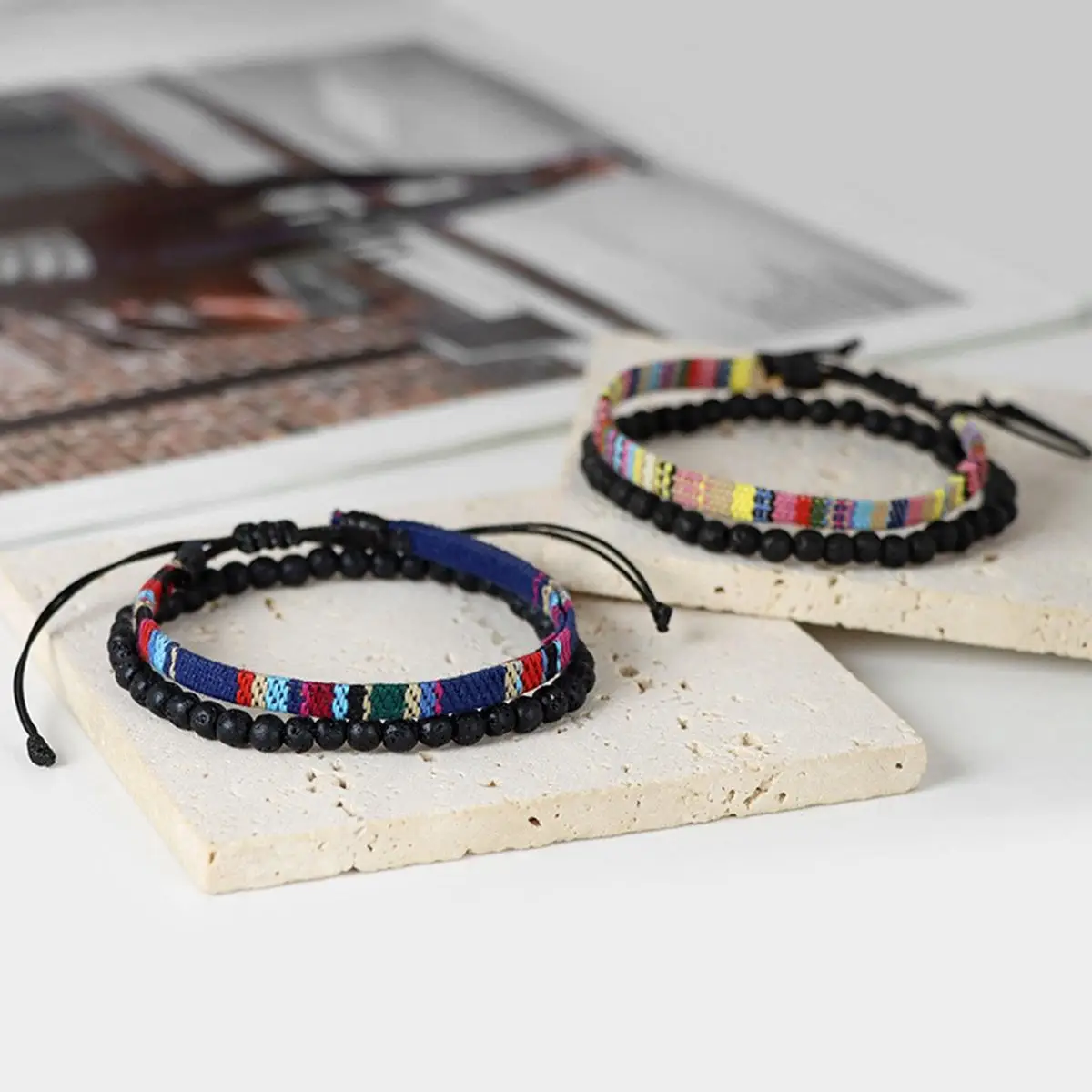 2 Pcs Set Bohemia Style Handmade Woven Tape Bracelet with 4mm Lava Stone Beads Charm Bracelet for Men and Women