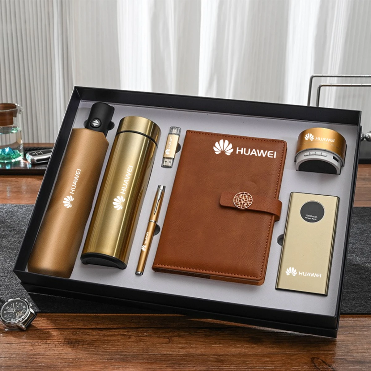 2025 New Office Gift Idea 7 in 1 Kit Premium Leather Hardcover Pen Notebook Set With Umbrella Flask & 1K mAh Charger Power Bank