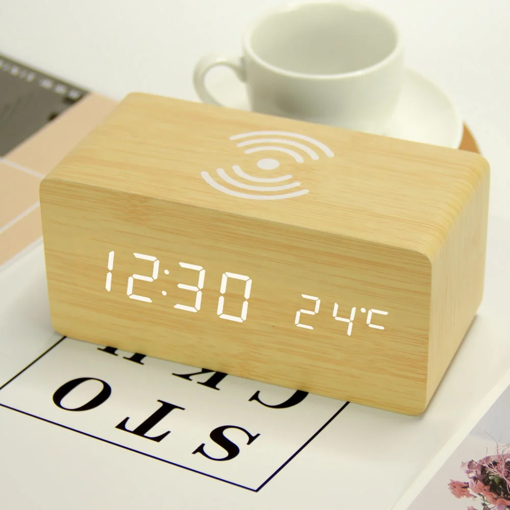 Best Gift Promotional Desk & Table Clock Digital Clock Wireless Charger Phone 5w 10w Qi Wireless Charging Wooden Led Alarm Clock