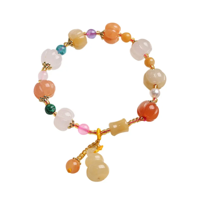 Ethnic Style Jade Bracelet 18K Copper Gold Plated Natural Stone Agate Bamboo Pumpkin Beads Gourd Topaz Pendant Bracelets