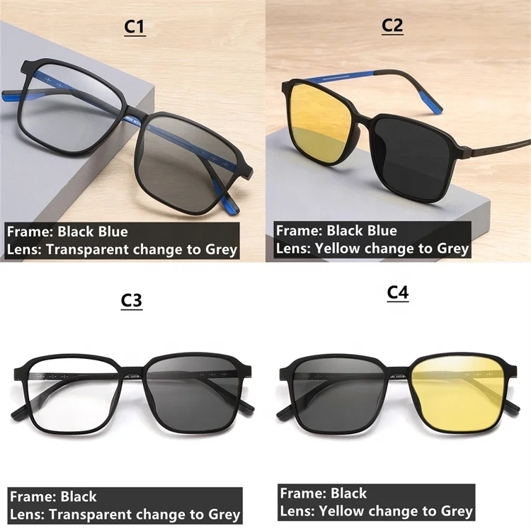 yellow lens change to grey big square metal TR90 photogray 2025 photochromic night vision bifocal reading progressive glasses