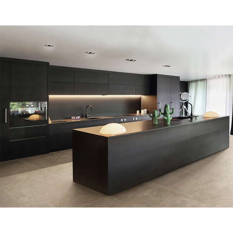 HANSE factory customized cabinets design apartment modern black lacquer finish rta wood kitchen cabinet set