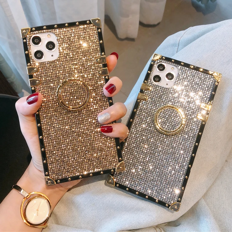 Luxury Designer Bling Glitter Gold Silver Square Mobile Phone Case Back Cover Set for iPhone 6 7 8 x xs 11 12 pro max