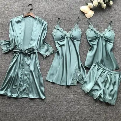 Hot new retail products four pieces sets women summer homewear bridal robe silk