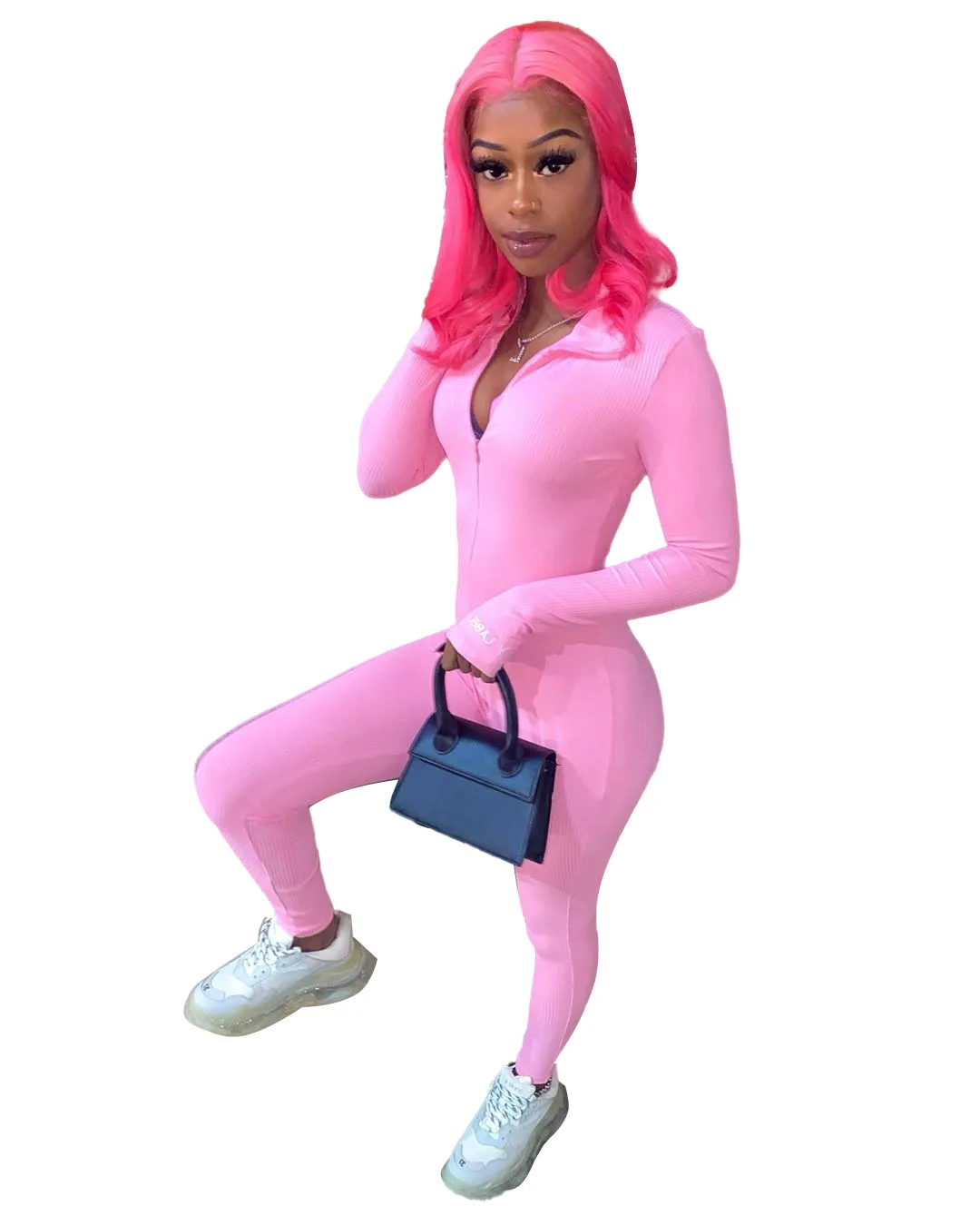 2022 Wholesale Custom Logo Women Long Sleeve Rompers Pit Stripe Ribbed Zipper Elastic Slim Women One Piece Jumpsuits