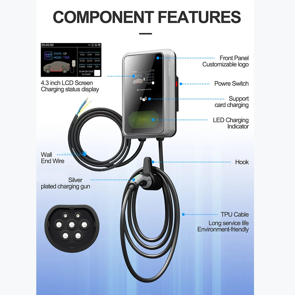 FACTORY WALLBOX RFID 32A 380V 11kw 16A 32Amp Type 2 1 Ocpp Level2 Home Electric Car Charger EV Charging Station