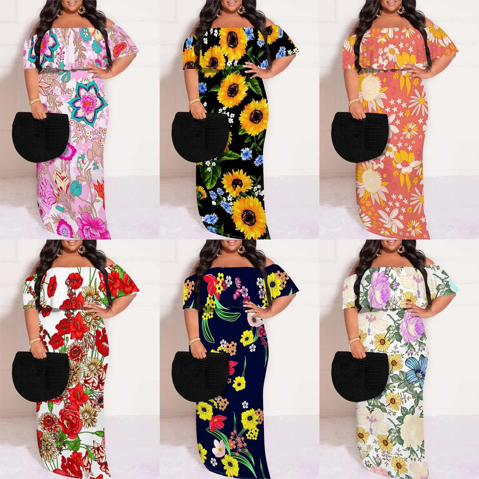 women fall clothes 2024 xxxxl plus size women sexy dress 2024 Off-shoulder graphic print maxi dress