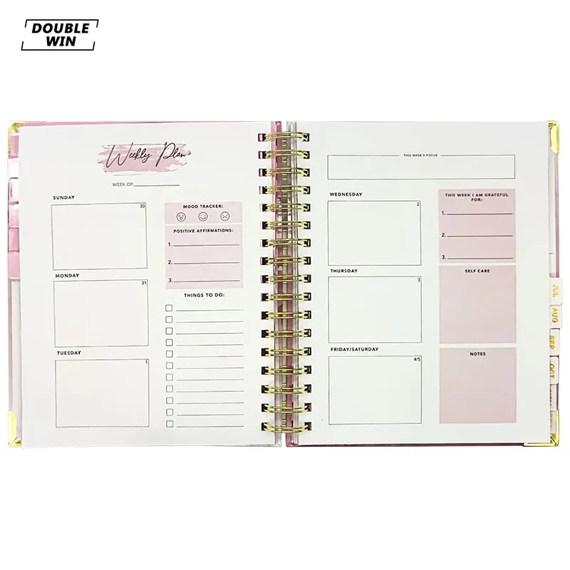 Custom Printing Metal Corner Spiral Weekly Day Manifesting Planner with Tab Pages