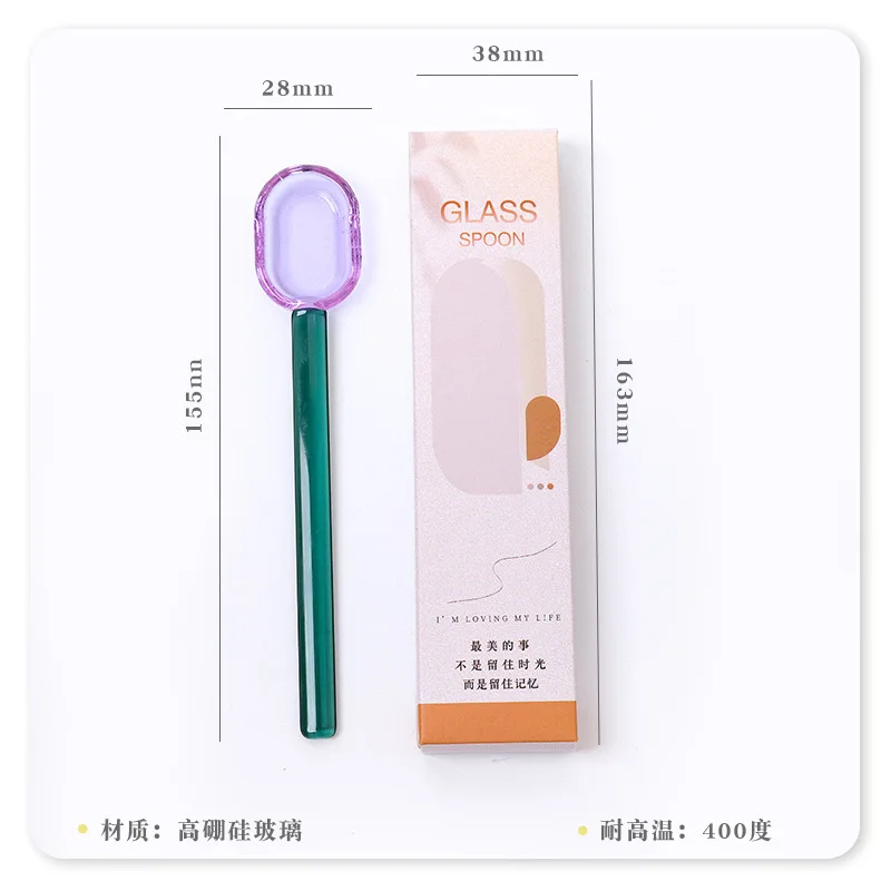 Hand blown transparent high-temperature resistant glass spoon, long handle stirring spoon suitable for bar food coffee milk tea