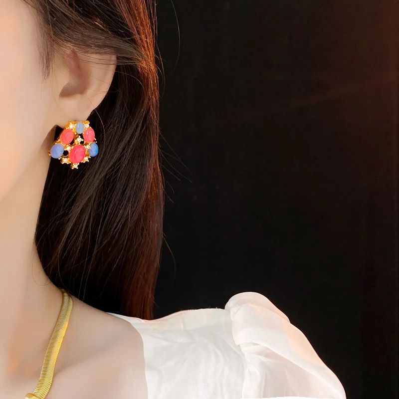 Palace Retro Style 925 Silver Needle Set Diamond Resin necklace and earrings set Exaggerate Heavy Work Rhinestone Earrings