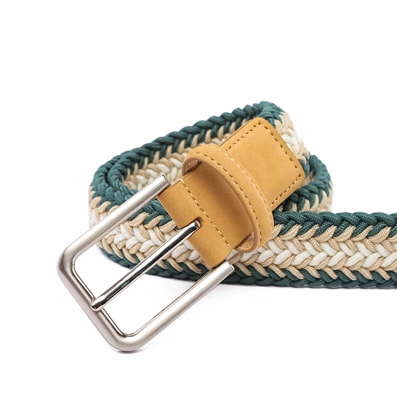 Support custom leather blue white red woven cotton polish leather belt coat needle buckle elastic slim fit belt mens