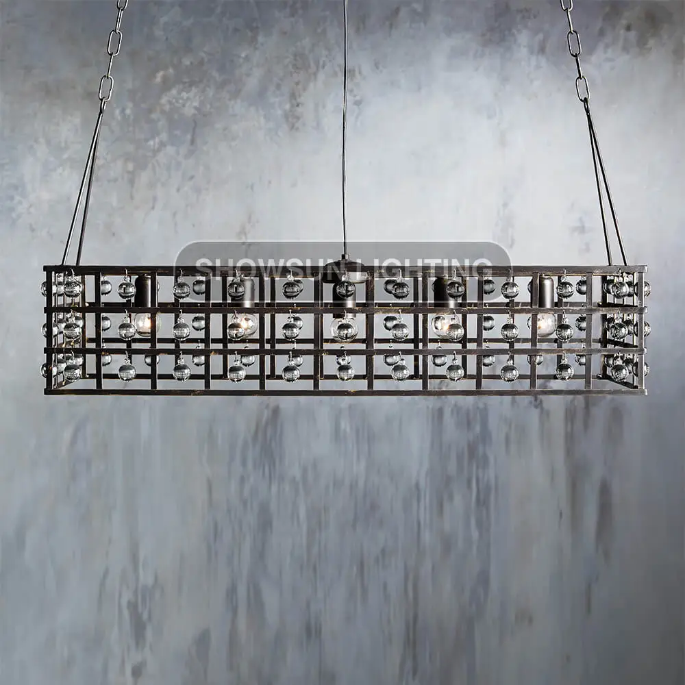 Vintage Rectangular Black Pendant Light Dining Room Iron Cage Chandelier Pendant Light