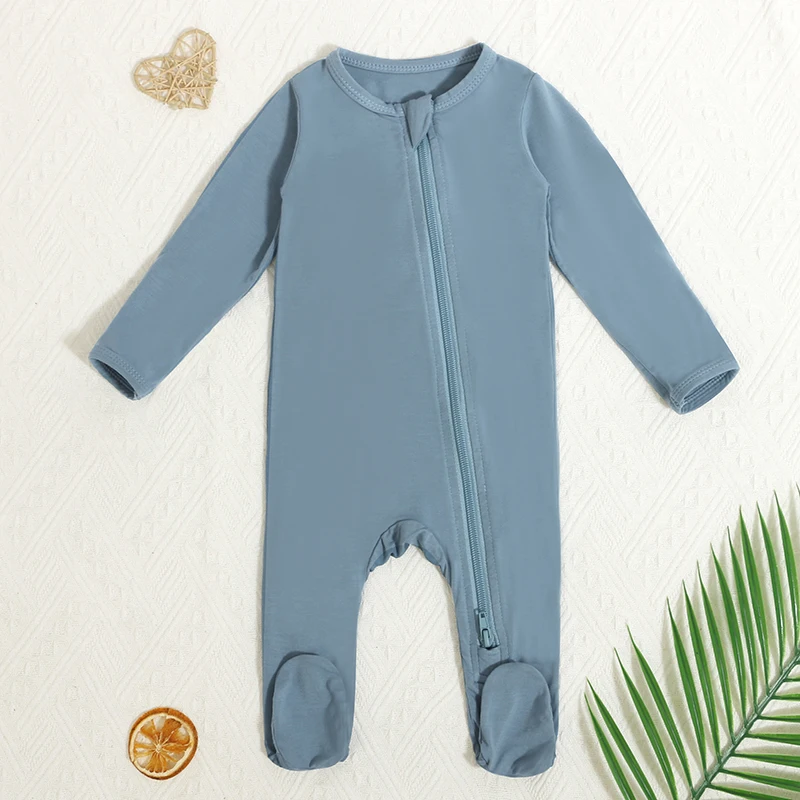 New Born Baby Clothes Diagonal Zip Front with Neck Protection Cover Long Sleeve Bamboo Material Baby Romper