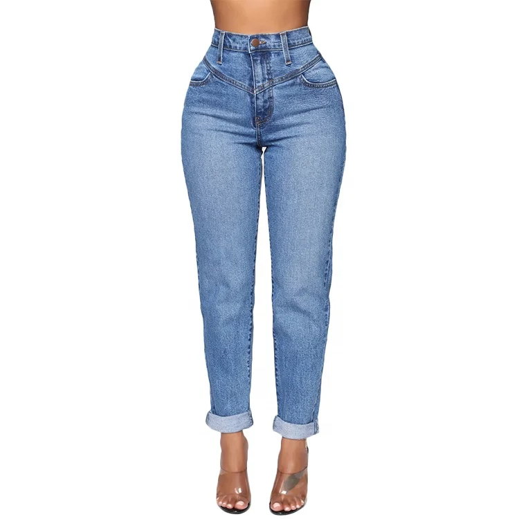 High waisted washed mid blue plus size women jeans pants
