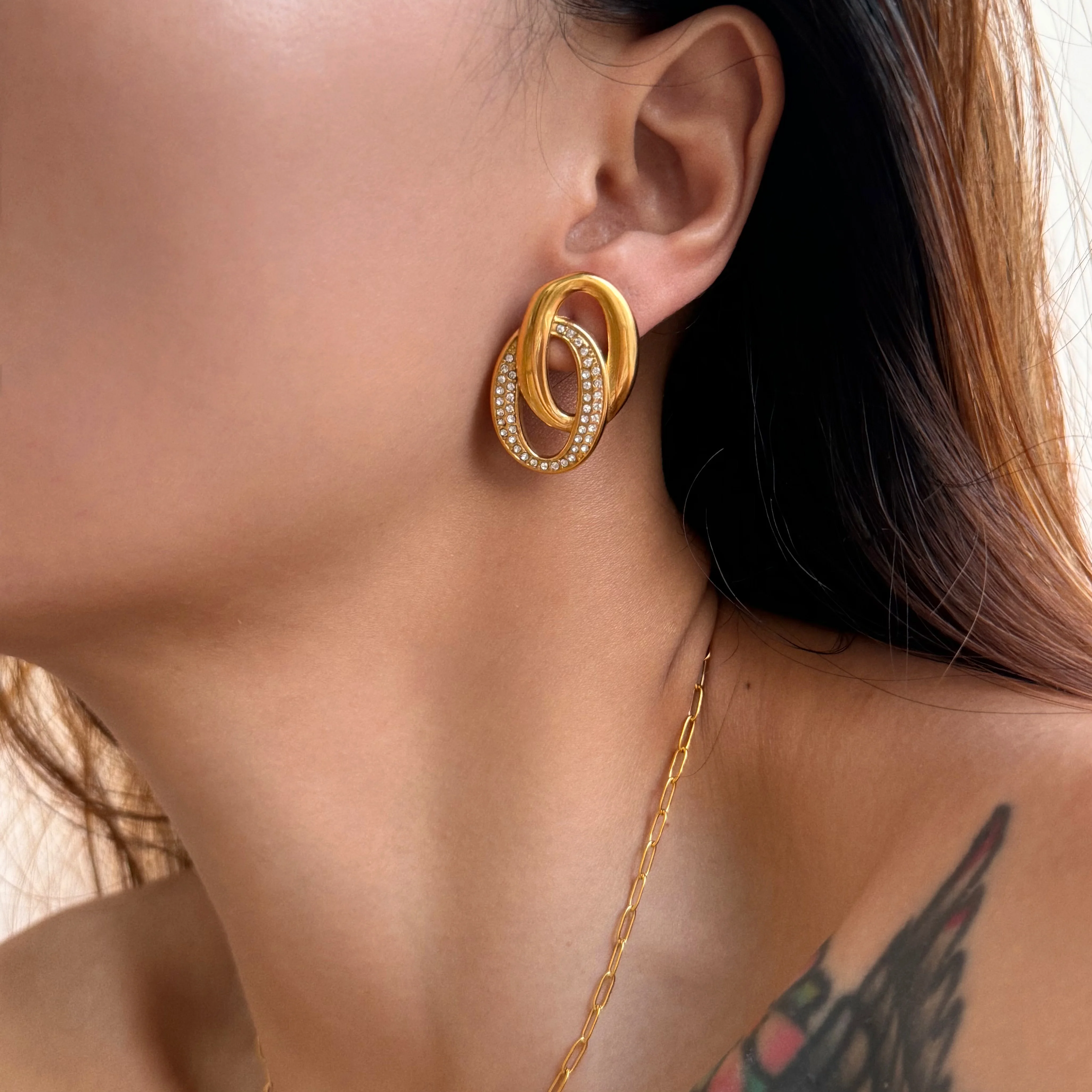 2024 Dazan New 18k Gold Plated Unique Hypoallergenic Stainless Steel Classic Double Circle Iced Out Zircon Artist Earrings