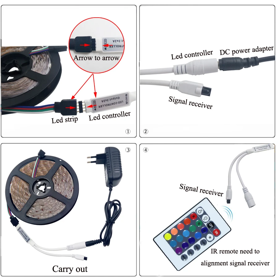 30leds 60leds multi full color IP65 RGB led strip kit with 44key remote controller DC12V power adapter