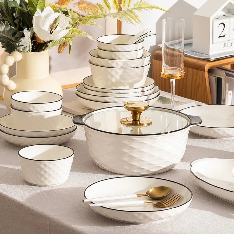 Diamond Bowl Dish Suit Household Wholesale Simple European Ceramic Rice Bowl Plate Tableware Tableware Set Gift